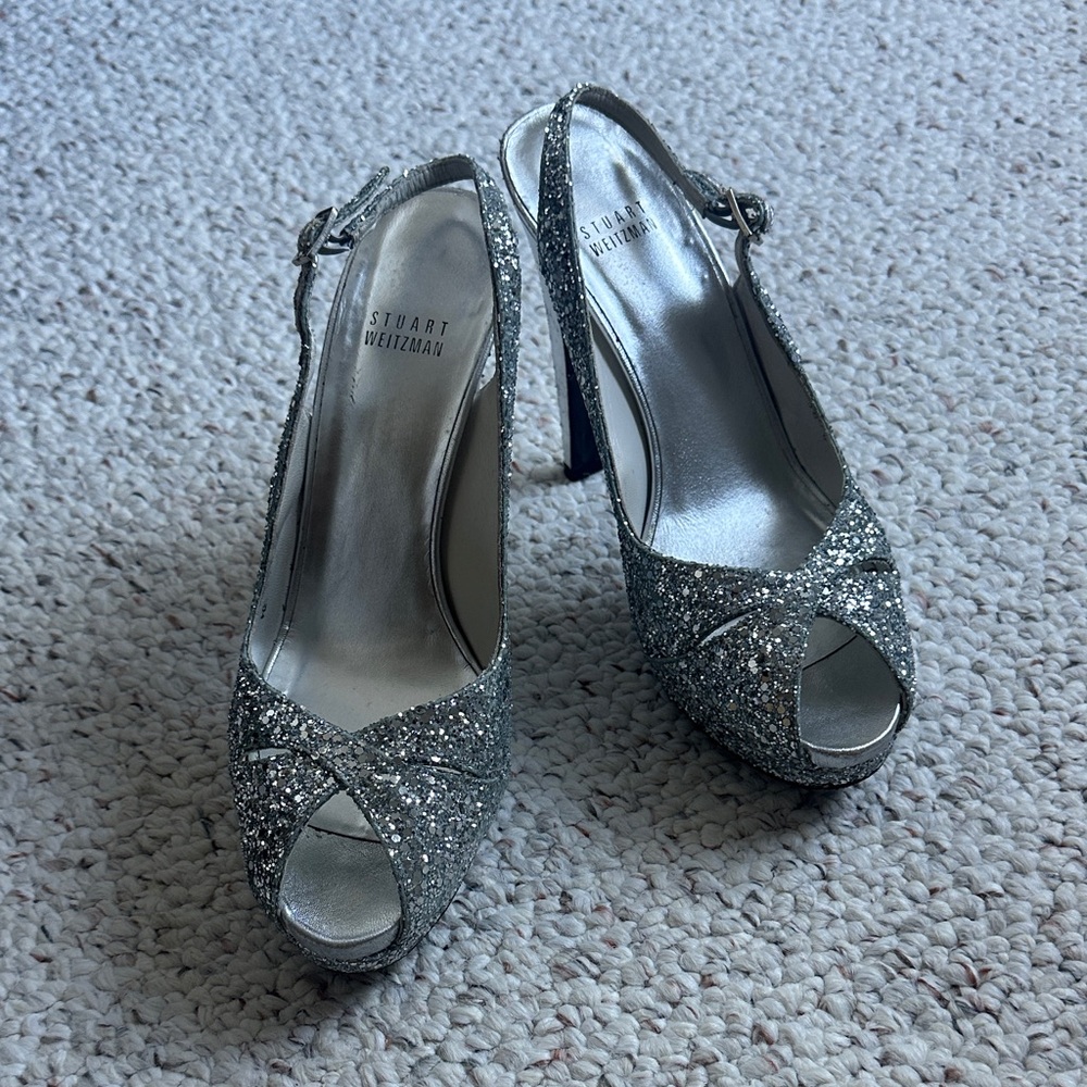 Stuart Weitzman Sparkling Silver Peep Toe Heels